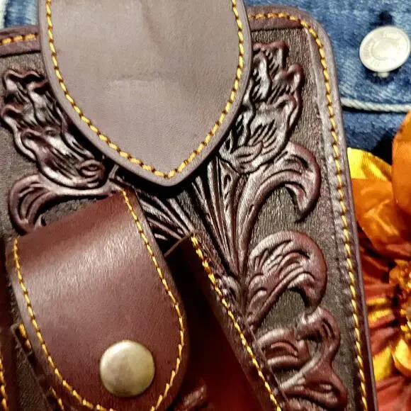 Longhorn Leather Phone Holstor With Knife Sheath & Belt Clip Sz LARGE 7x4